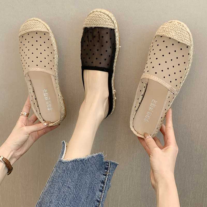 

Linen Weave Breathable Lace Polka Dot Fisherman Shoes Women Flat Slippers Summer Shoes Women Weekend Black Beige 2020