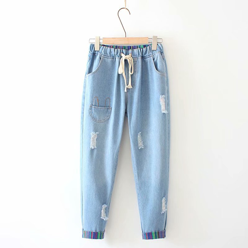 

Plus Size 5XL Women's Jeans Vintage Cute Embroidery Elastic Waist Denim Pants, Blue