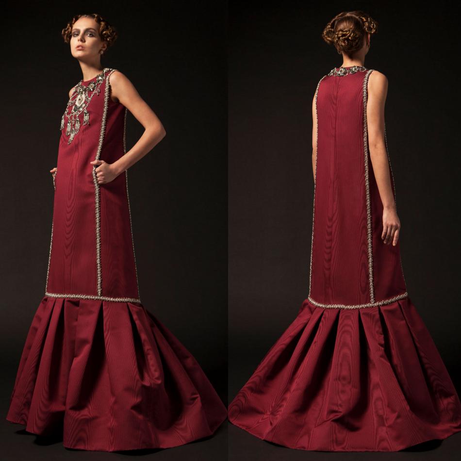 

Krikor Jabotian Red Mermaid Prom Dresses Jewel Neck Lace Beads Crystal Satin Evening Dress Floor Length Custom Made Formal Party Gowns, Ivory
