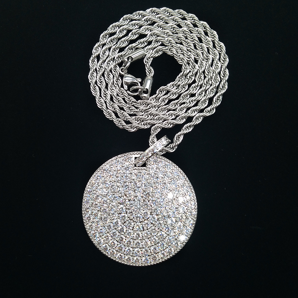 

18K Gold Plated Iced Out Full CZ Cubic Zirconia Round Pendant Necklace Twist Chain Hip Hop Rapper Punk Rock Jewelry Gifts for Men and Women