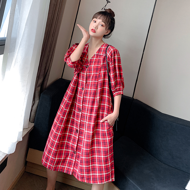 

6139# Maternity Clothes Summer Cotton Plaid Color Block Short Sleeve Loose Stylish Dress for Pregnant Women Mom Dress, Red