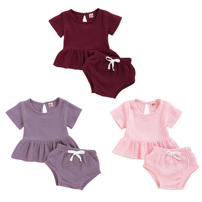 

2020 Summer Baby Girl Clothing Casual Cotton Linen Short Sleeve Solid Print Tops Briefs PP Shorts 2pcs Outfits Set 0-18M Hot