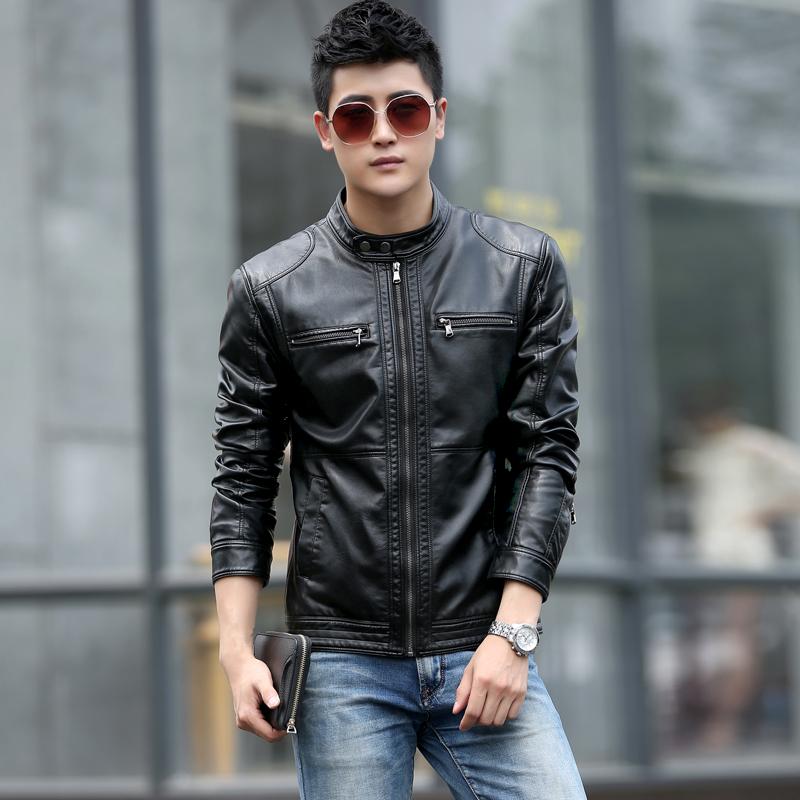 

Dhfinery Mens Leather Jacket Spring And Autumn Short Design Stand Collar Motorcycle Faux Leather Coats Plus Size M - 8822, Wine red