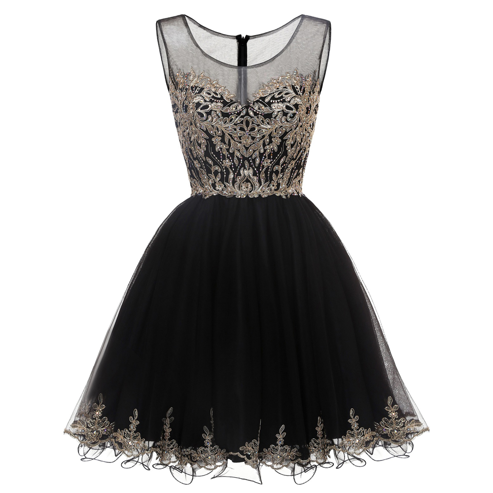 Cheap Short Homecoming Dresses Tulle with Gold Lace Applique Cocktail Party Dresses Crystal Beaded Sweet 15 16 Birthday Prom Dresses-image-245185337