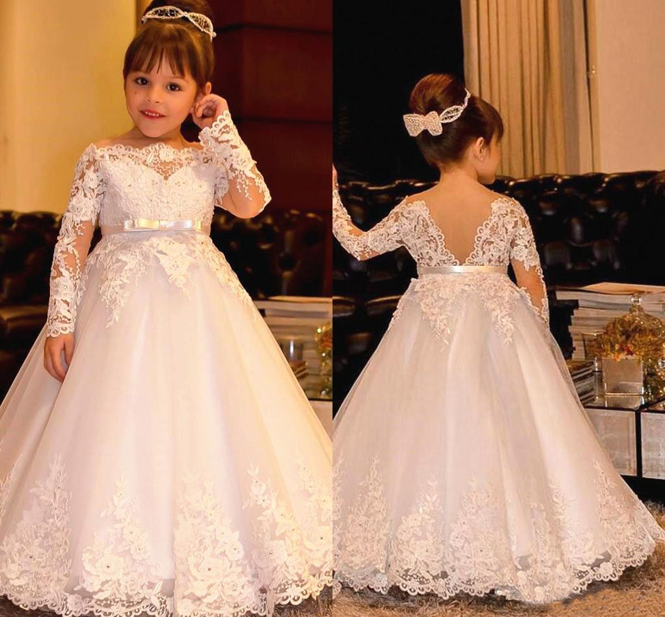 Dentelle Fleur Fille Robe À Manches Longues Bateau Cou Arc Ceinture Une Ligne Longueur De Plancher Enfants Tenue De Cérémonie pour La Fête De Mar
