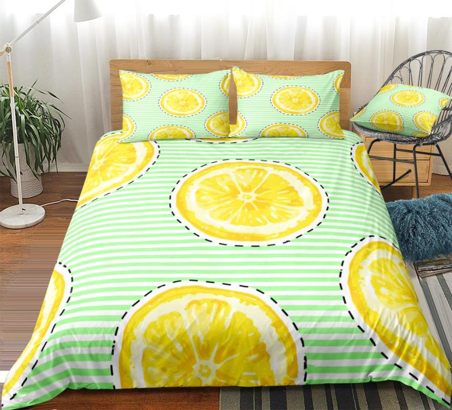 

Lemons Duevt Cover Set Fruits Bedding Set Golden Bed Linen Striped Lemons Bed Green Stripe Home Textile Golden Bedclothes