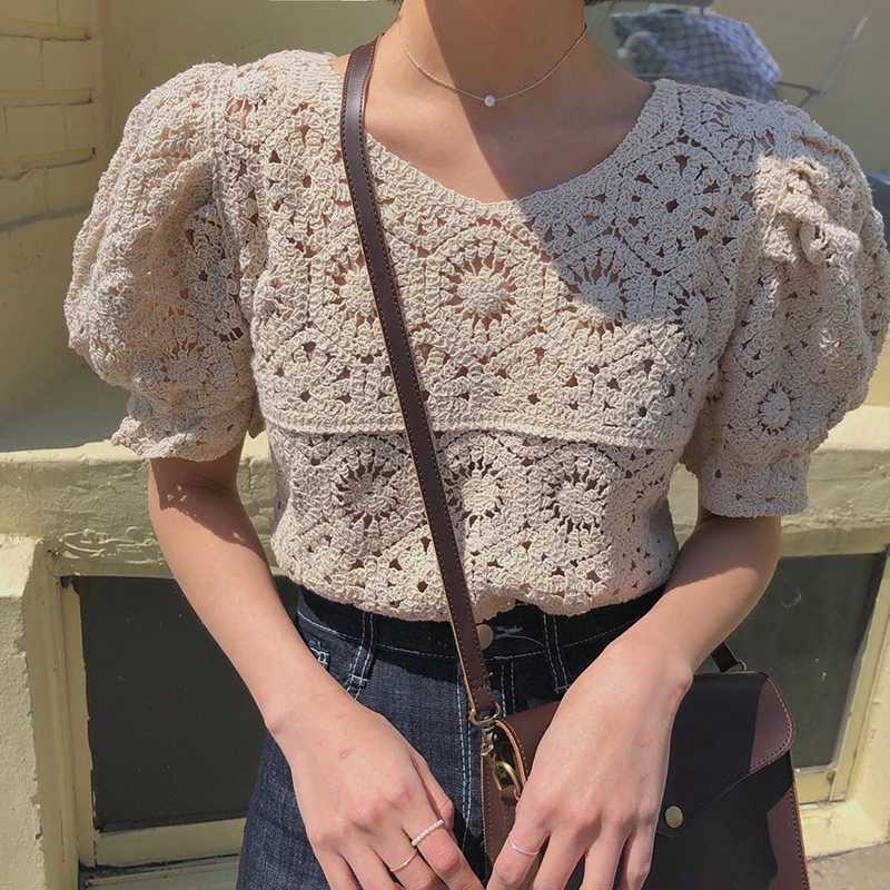 

2020 New Vintage Summer Tops Women Puff sleeve Hollow out shirt Female Retro Perspective Lace blouse, Beige