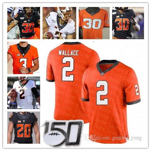 

2019 Custom Oklahoma State Cowboy NCAA College Tylan Wallace Spencer Sanders Chuba Hubbard Justin Blackmon Football Sewn Jersey High Quality, Black with 150th