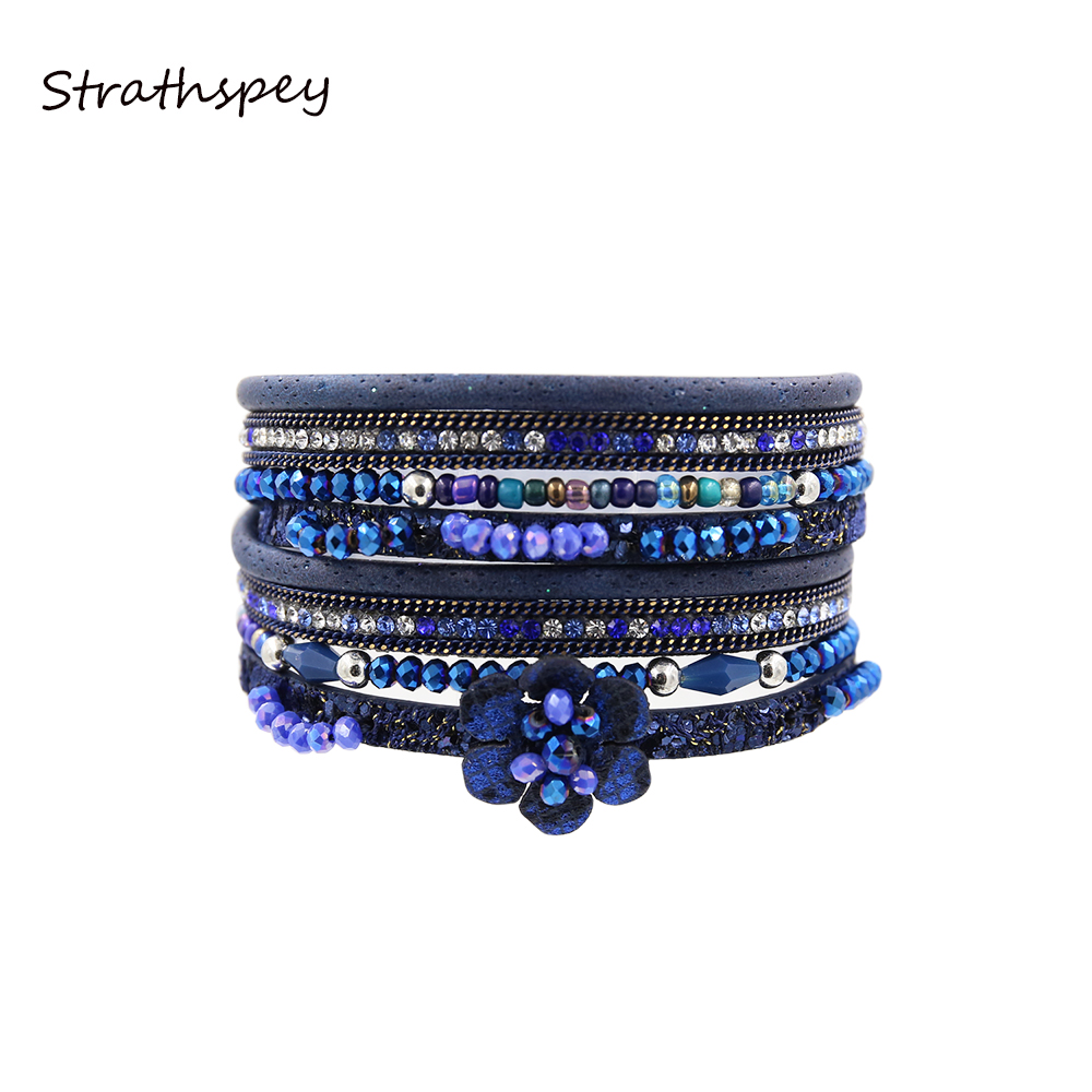

STRATHSPEY Leather Bracelet Beads Summer Flower Charm Bohemian Rhinestone Four Rows Bracelets&Bangles For Women Gift Jewelry