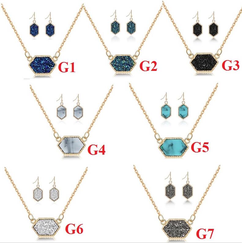 Oval Drusy Druzy Necklace Dangle Earrings Jewelry Set Gold Plated Druse Choker Women Wedding Party