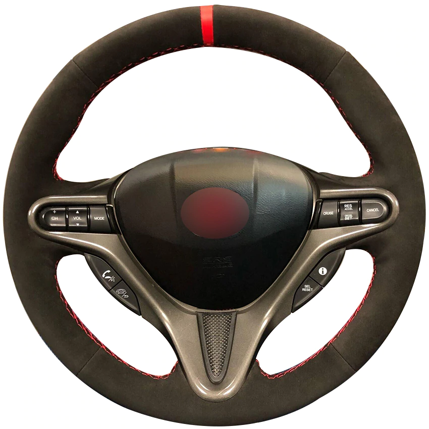 Black Suede Red Marker Car Steering Wheel Cover for Honda Civic Civic 8 2006-2009 (3-Spoke)-image-440791216