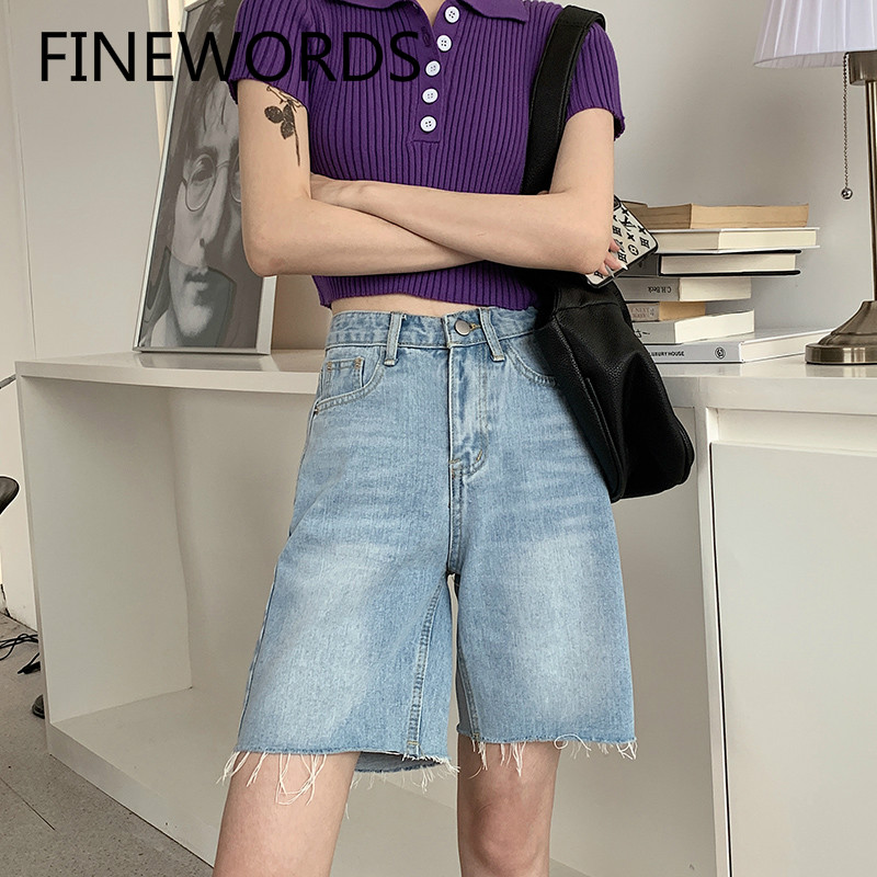 

FINEWORDS Vintage Mid Length Straight Short Jeans Feminino Blue High Waist Basic Denim Ladies Shorts Summer Casual Short Pants