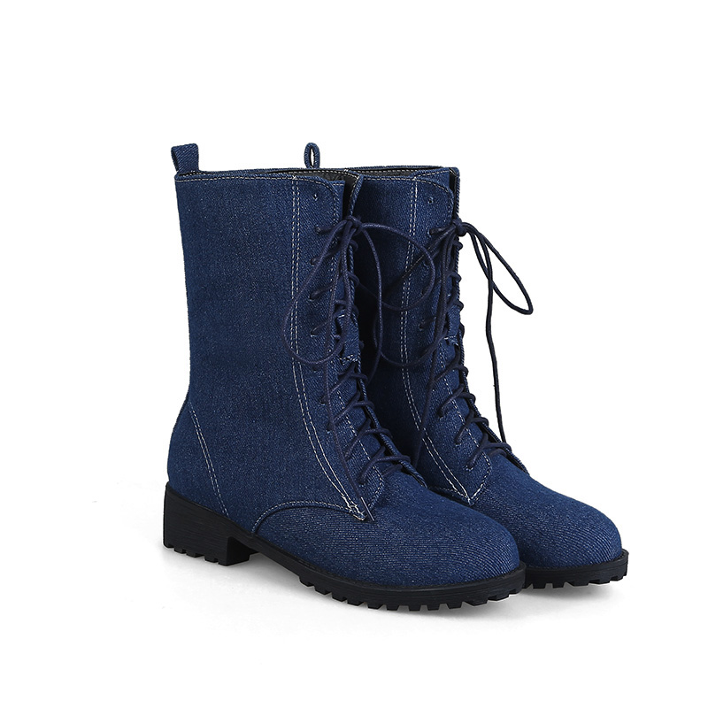 

ladies lace-up denim mid-calf boots med flat with heel blue short women's winter boots jeans adhesive women shoes