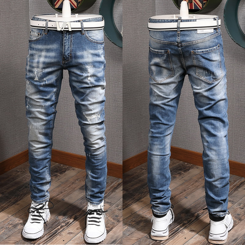 

Men's Blue Jeans Slim Fit Cut Leg Distressed Embroidery Applique Patch Vintage Washed Jean Trousers Male, D2-8147