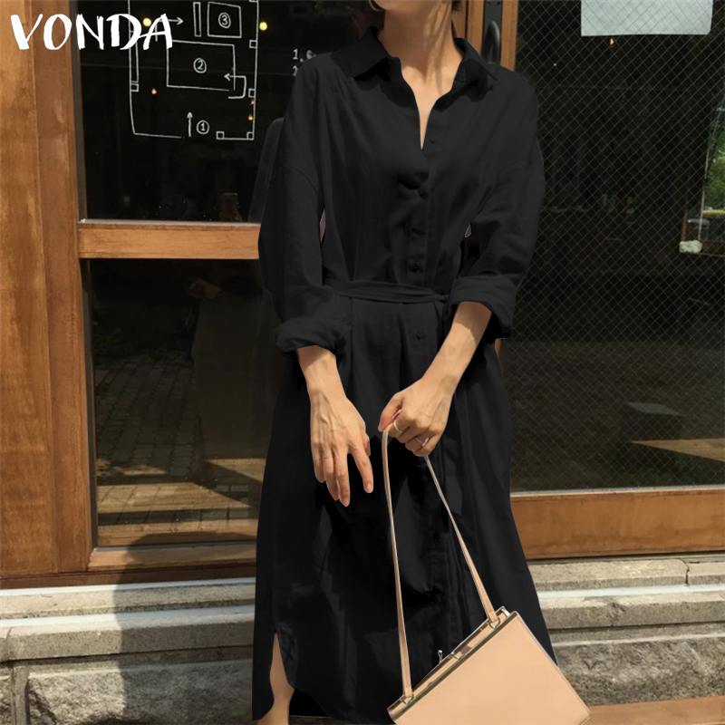 

Fashion Dress VONDA 2020 Women Casual Turn-down Collar Long Shirts Dress with Belt 2020 Ladies Spring Summer Solid Sundress, Black
