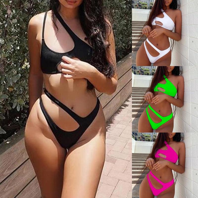 

Women Solid Color Bikini Set Padded One Shoulder Bra Hollow out Briefs Swimsuit