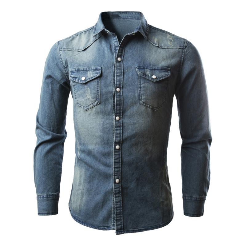2020 Autumn Denim Shirt Men Cotton Jeans Shirt Slim Fit Long Sleeve Cowboy Stylish Wash Tops Asian Plus Size