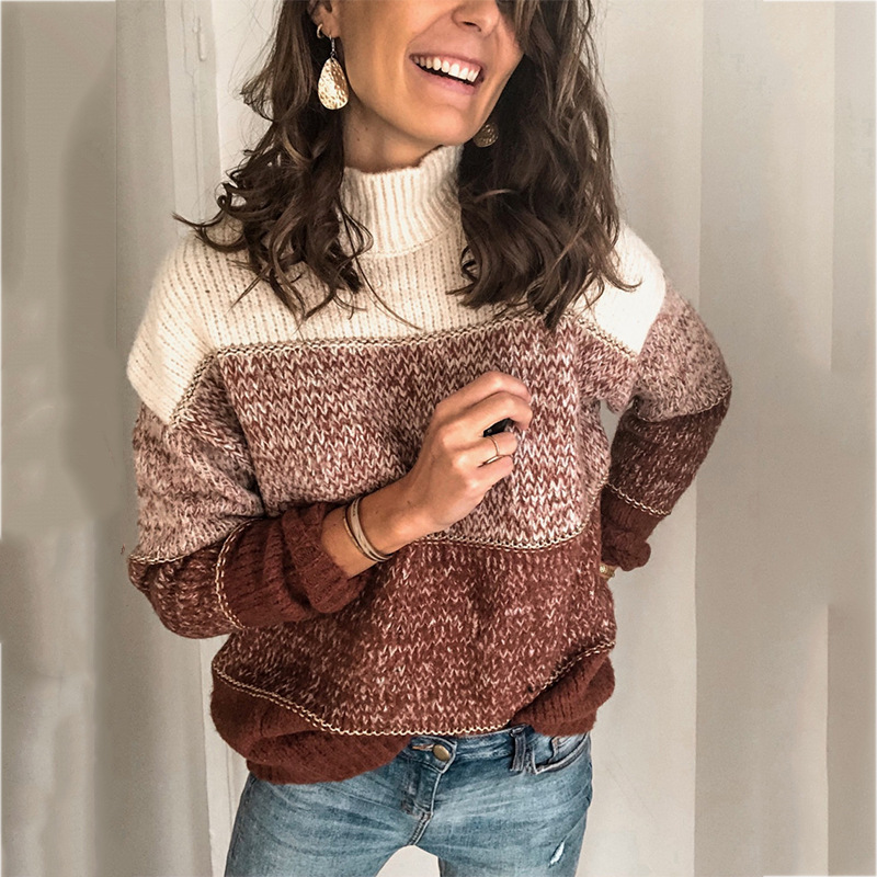 

Woman Knit Sweater Pullover Autumn Winter Turtleneck Blouses Tops Casual Streetwear Patchwork Female Sweater Tunic 2020, Black