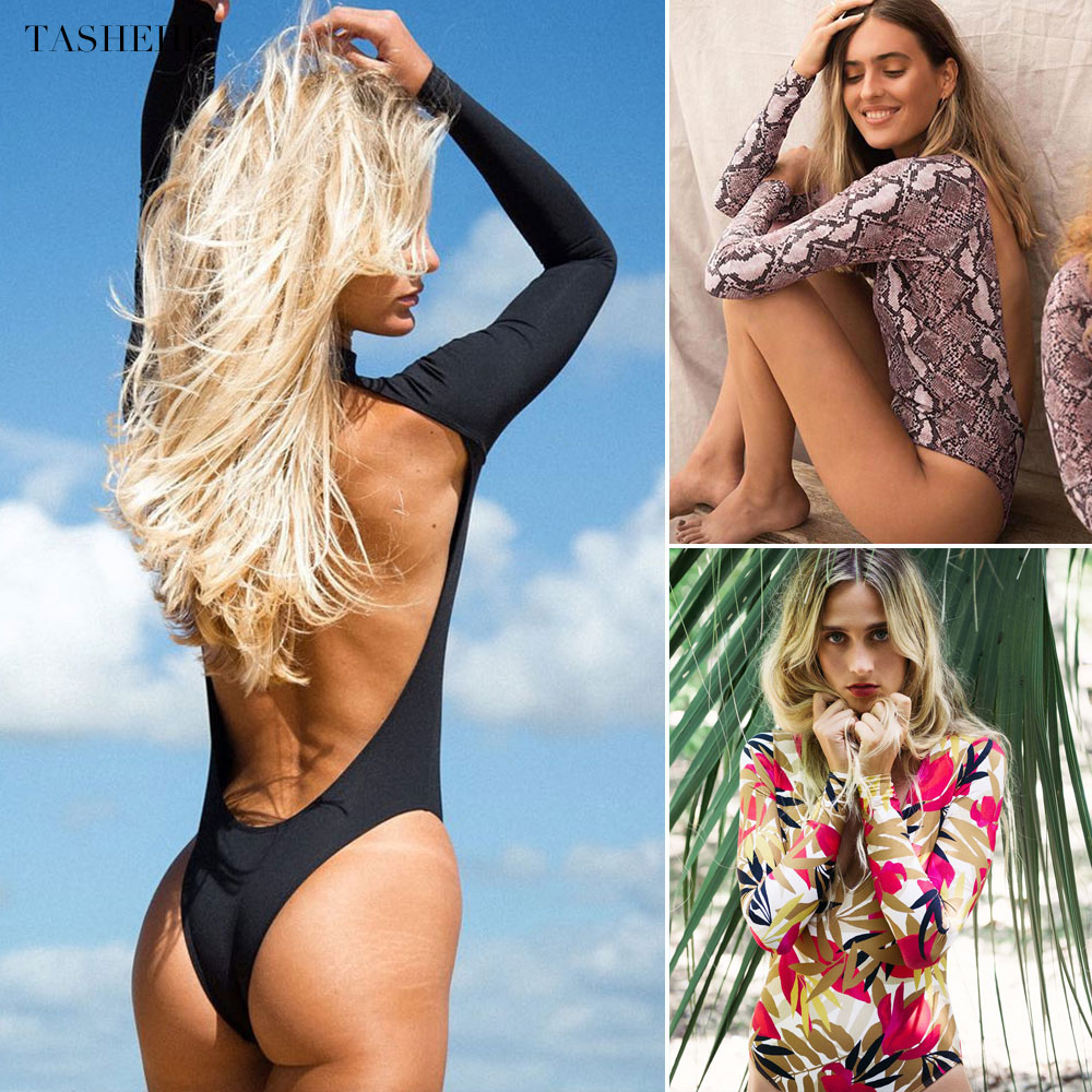 

2020 Sexy Solid Snake Swimsuit One Piece Geometric Long Sleeve Swimwear Women Backless Monokini Bathing Suit Beachwear Female