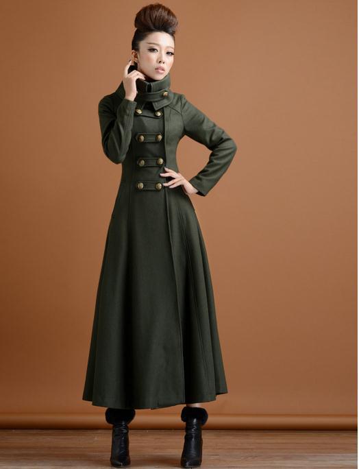 

Autumn winter women double breasted woolen overcoat ultra long coat paragraph outerwear slim elegant wind, Army green