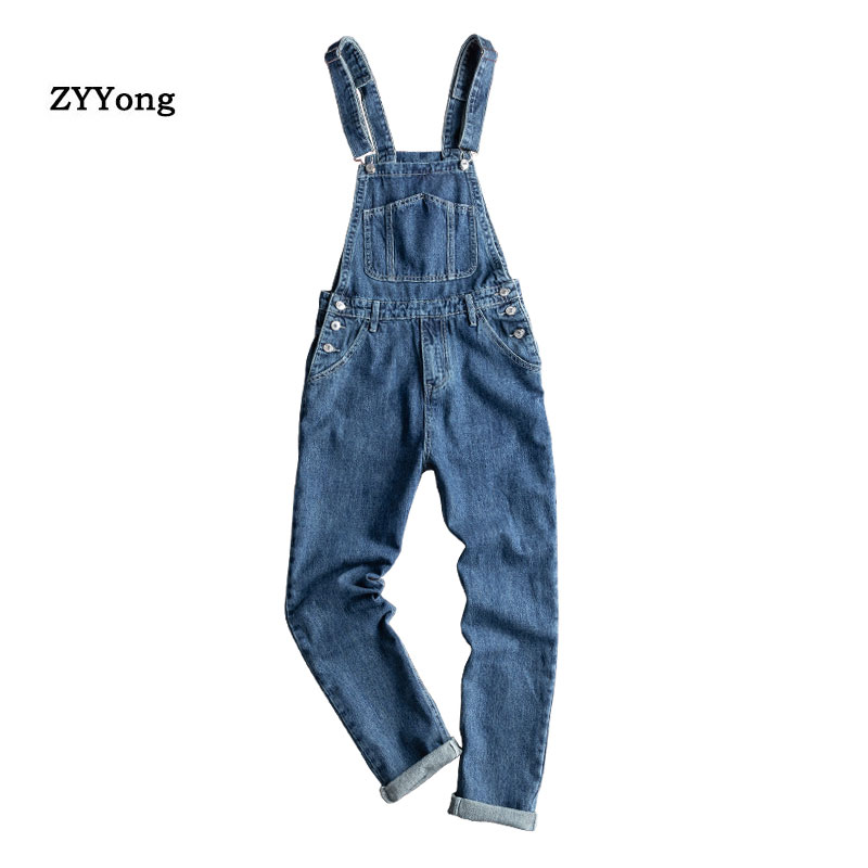 

2020 Retro Blue Freight Overalls Men Denim Jumpsuit Bib Straight Jeans Hip Hop Streetwear Rompers Casual Cargo Pants Trousers