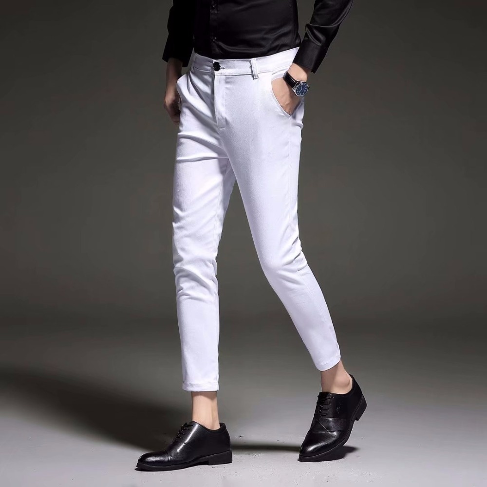 

New 2019 Mens Slim Fit Business Dress Pants for Men Suit Pants Ankle Length Men Summer Formal Suit Trousers Black White Blue