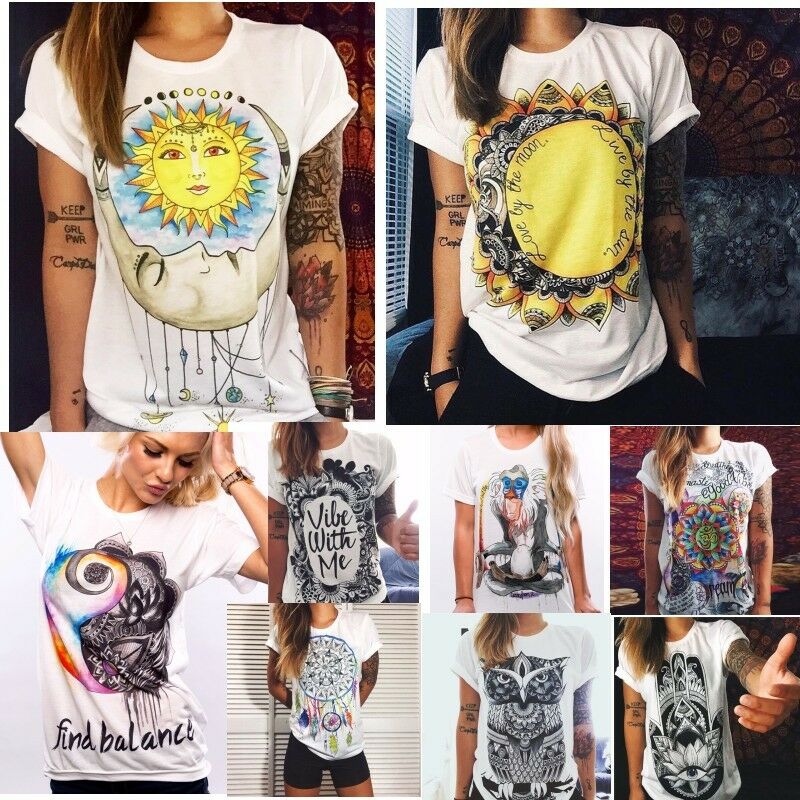 

7 Colour XS-4XL Fashion Boho Women's Casual Summer Short Sleeve Cartoon Cotton T-Shirt Blouse Tops, White