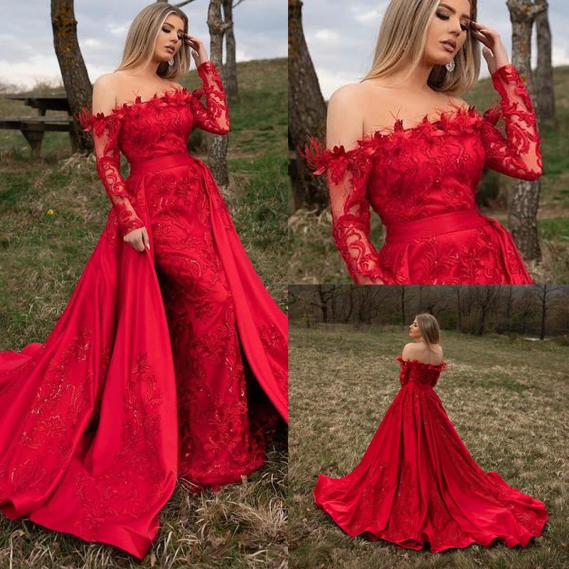 

Red Mermaid Lace Prom Dresses Off The Shoulder Long Sleeves Evening Gowns With Detachable Train Plus Size Satin Sequined Formal Dress