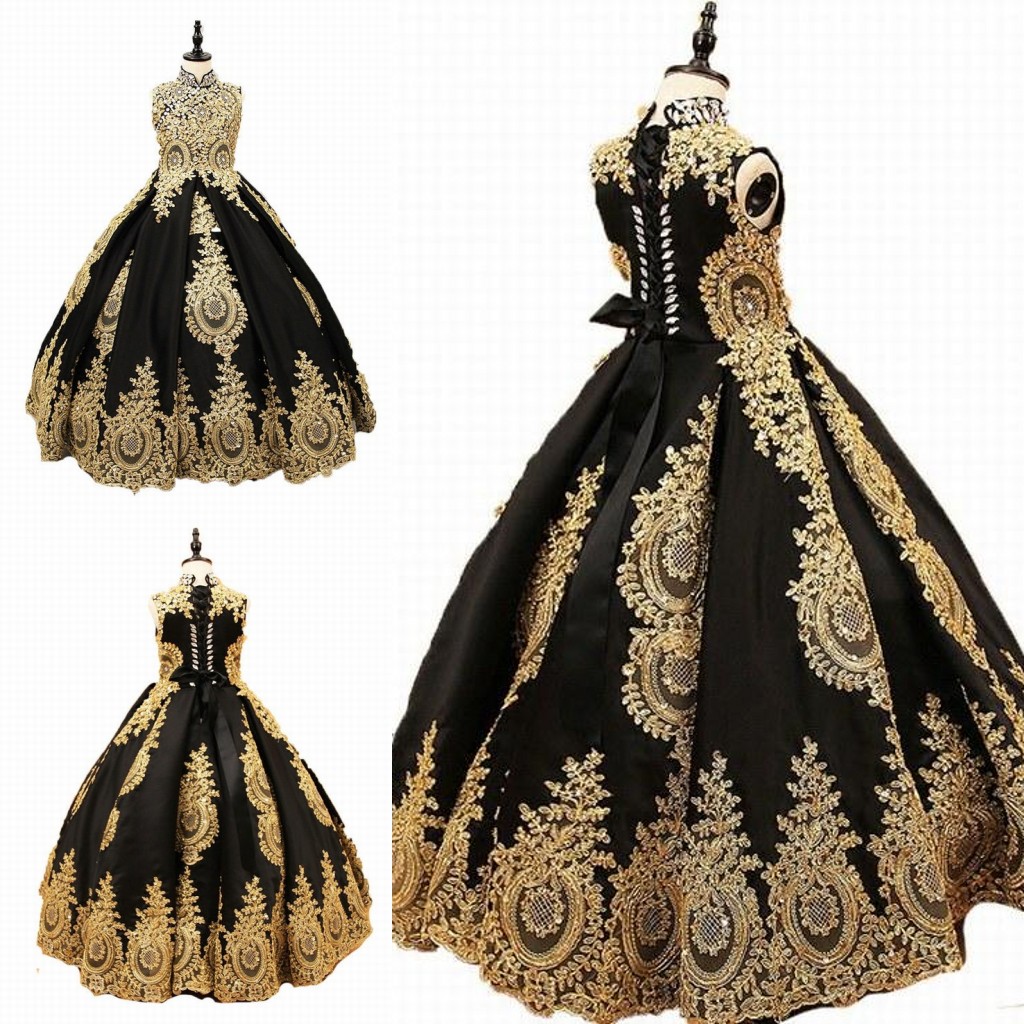 

High Collar Golden Appliques Girls Pageant Dresses Black Tulle Flower Girl Dress For Wedding Girl's Floor Length Child Party Birthday Dress, White