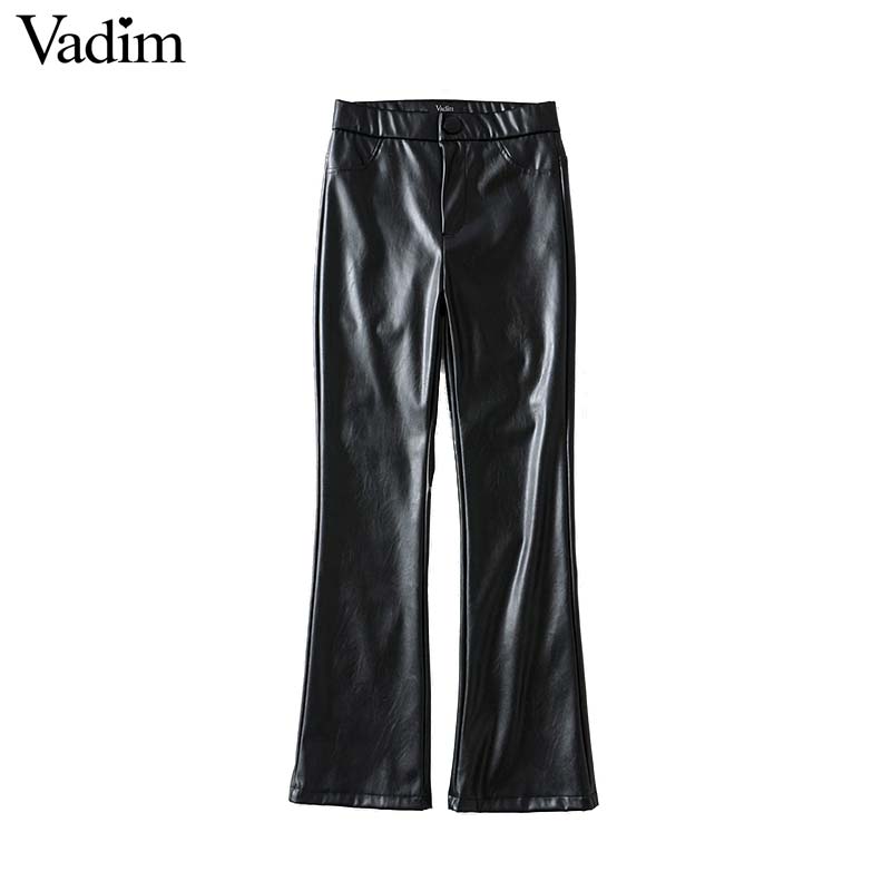 

Vadim women chic PU leather boot cut pants solid zipper decorate pocket female basic elegant full length trousers KB151, Black