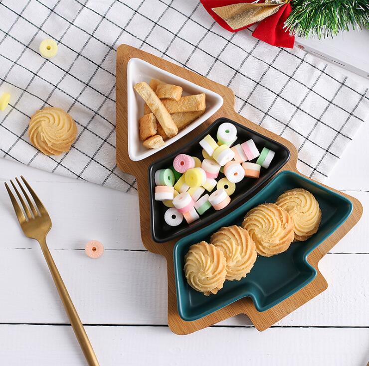 Breakfast tray Christmas tree porcelain with bamboo plates shaped dishes dessert fruit candy plate-image-512505838
