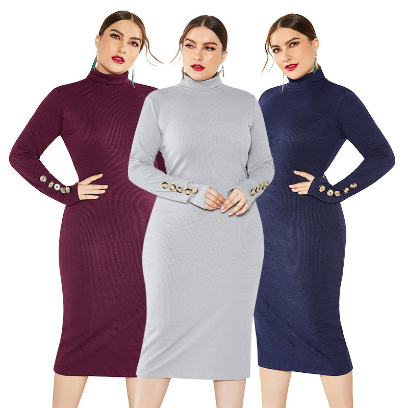 

Plus Size Women -5XL Long Sleeve Bodycon Package Hip Knit Midi Dress Autumn Winter Button Turtleneck Stretchy Sweater Dresses, Fp8002 gray