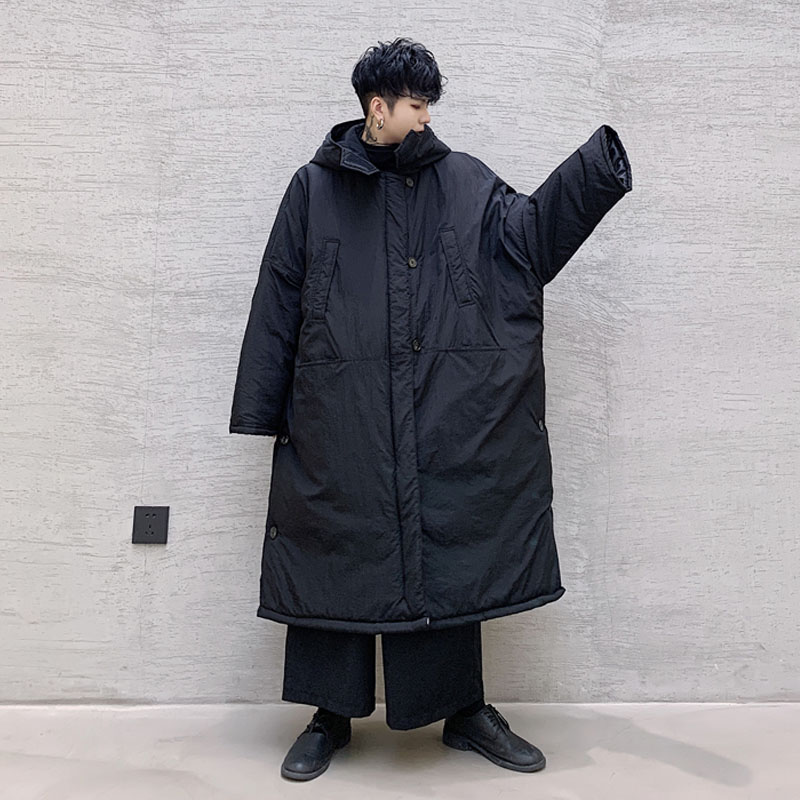 

Men Winter Long Loose Hooded Parkas Jacket Overcoat Male Women Japan Street Dark Black Cotton Padded Thick Coat Outerwear, W1769