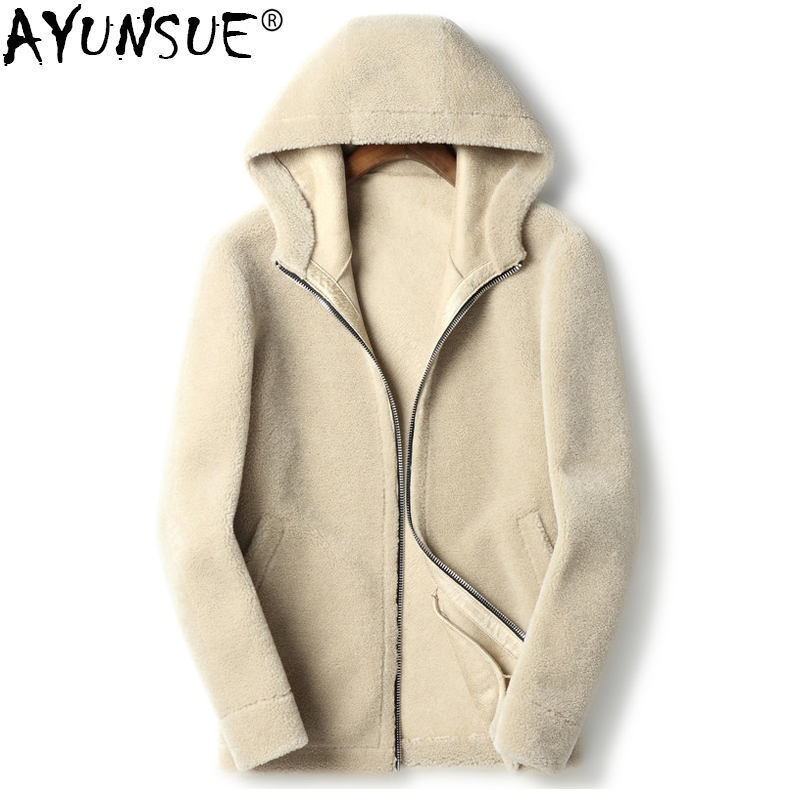 

AYUNSUE 100% Wool Coat 2019 Autumn Winter Jacket Men Real Sheep Shearling Fur Coats Men's Leather Jackets Plus Size 5xl MY1420, Beige