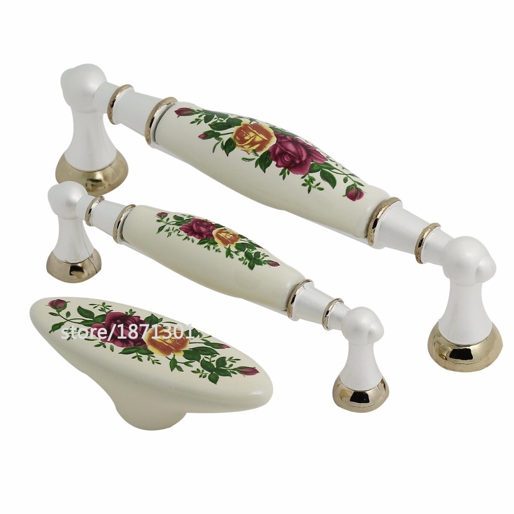 2020 White Ceramic Knobs Drawer Handle Pulls Rose Flower Dresser