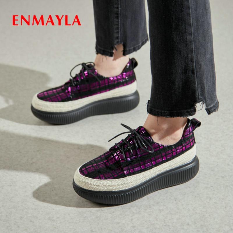 

ENMAYLA 2020 Pumps Casual Fashion Genuine Leather Lace-Up Round Toe High Heels Basic Wedges Women Shoes Size 34-42, Purple