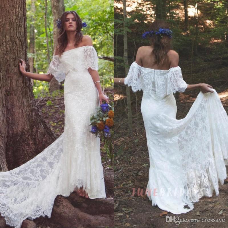 

Bohemian Boho Wedding Dresses Off The Shoulder Full Lace Country Vintage Wedding Dress Bridal Gowns Custom Made, Pink