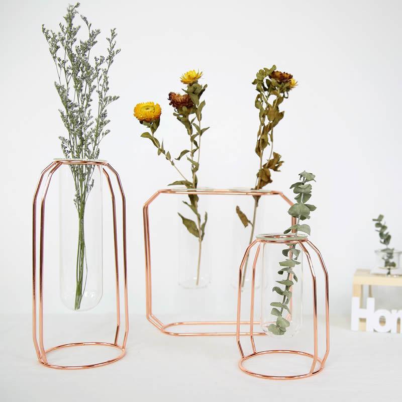 Nordic Style Glass Flower Pot Iron Art Vase Rose Gold Hanging Test