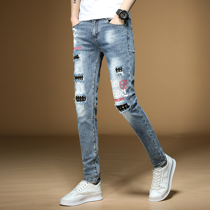 Stylish men's true brand biker mens designer jeans for hip hop men's slim straight stretch high waist ripped skinny trousers rock reviv-image-468217954