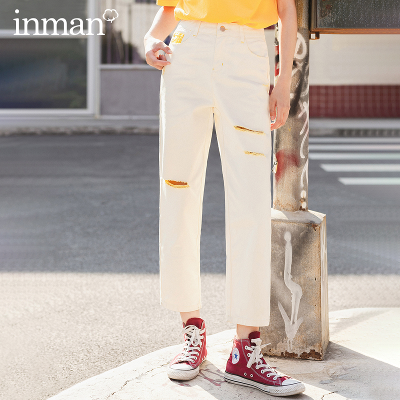 

INMAN 2020 Summer New Arriavl Pure Cotton Fashion Hole Japanese Style Loose Turnip Pant, White