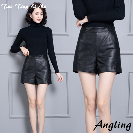 

2020 Women New Real Genuine Sheep Leather Shorts KS67, Black