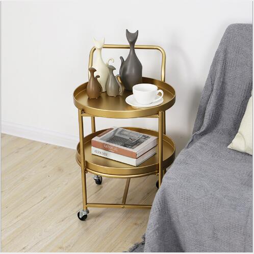 Golden round double-decker tea table Bedroom Furniture Movable trolley milk shop in living room tables-image-477569560