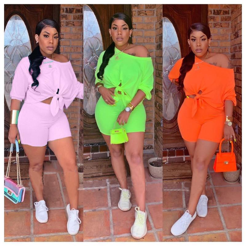 2019 femmes nouvelle cravate manches longueur d'été de trois quarts ourlet large short haut de l'épaule tenue costume deux Survêtement ensemble p