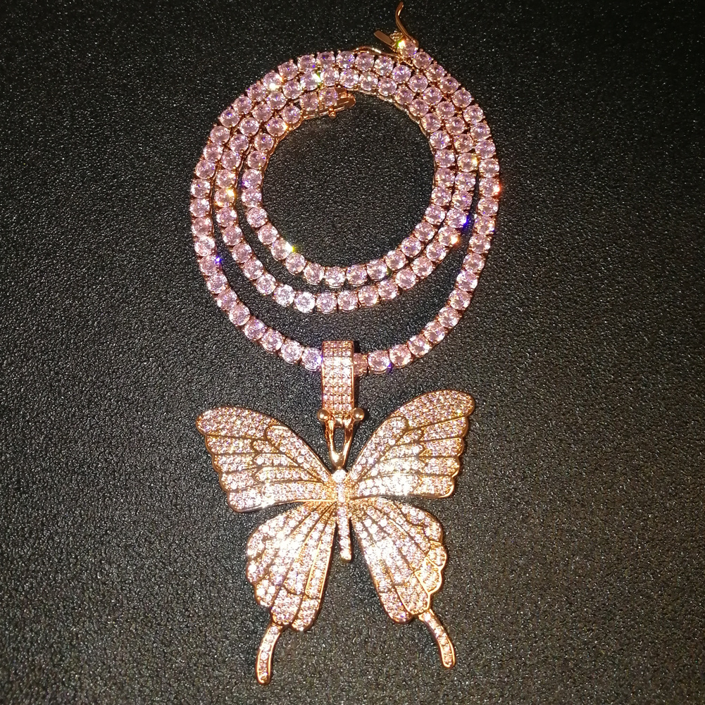 

Fine Jewelry Rose Gold Micro Pave Pink CZ Cubic Zircon Diamond Cuban Link Chain Tennis Butterfly Necklace Hip Hop Jewelry
