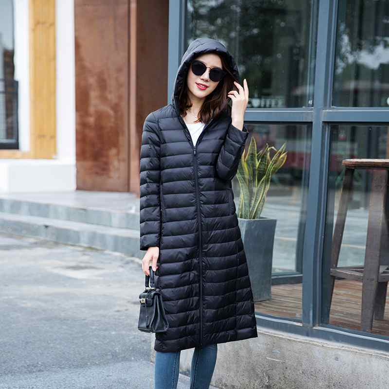 

Woman' Ultra Light Jackets Slim Hooded Knee Length 90% White Duck Coats Women Warm Down Parkas Lady Overcoat JK-790, Black