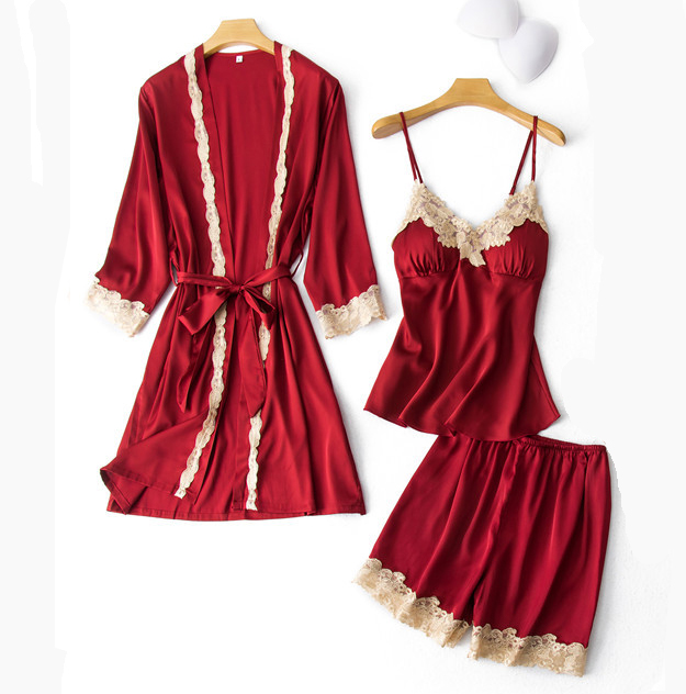 

Sexy Womens 3PCS Pajamas Set V-Neck Nighties Wear Home Negligee Nightwear Lingerie Pijama Spring Nighty Robe Gown Suit Sleepwear