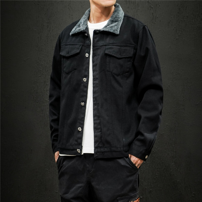 

Autumn Winter New Casual Loose Handsome Suede Trend Large Size Harajuku Style Men's Denim Jacket Cotton Clothes, Black