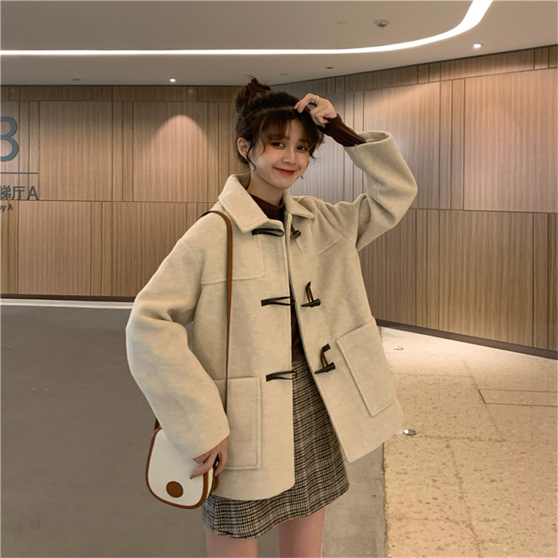 

Autumn Winter Woolen Coat Women' Wool-Blend Jacket Mid-Long Horn Buckle Wool Outerwear Ladies Solid Color Elegant Overcoat 2020, Photo color