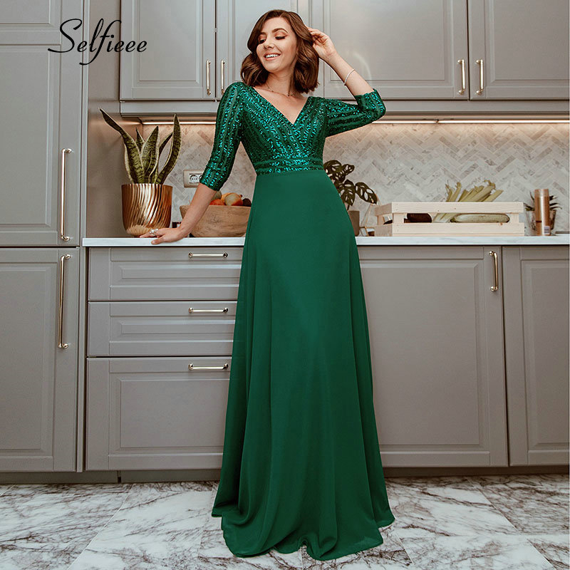 

Sexy Dark Green Maxi Dress 3/4 Sleeve Deep V-Neck Sequined A-Line Sexy Dress Women Summer Party Vestidos De Verano 2020