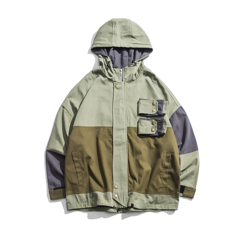 

Autumn Winter New Style Mens Jackets Fashion Color Matching Windbreaker Loose Hooded Jackets Outwear Men Zipper Hooded Cardigan M-XL, Army green